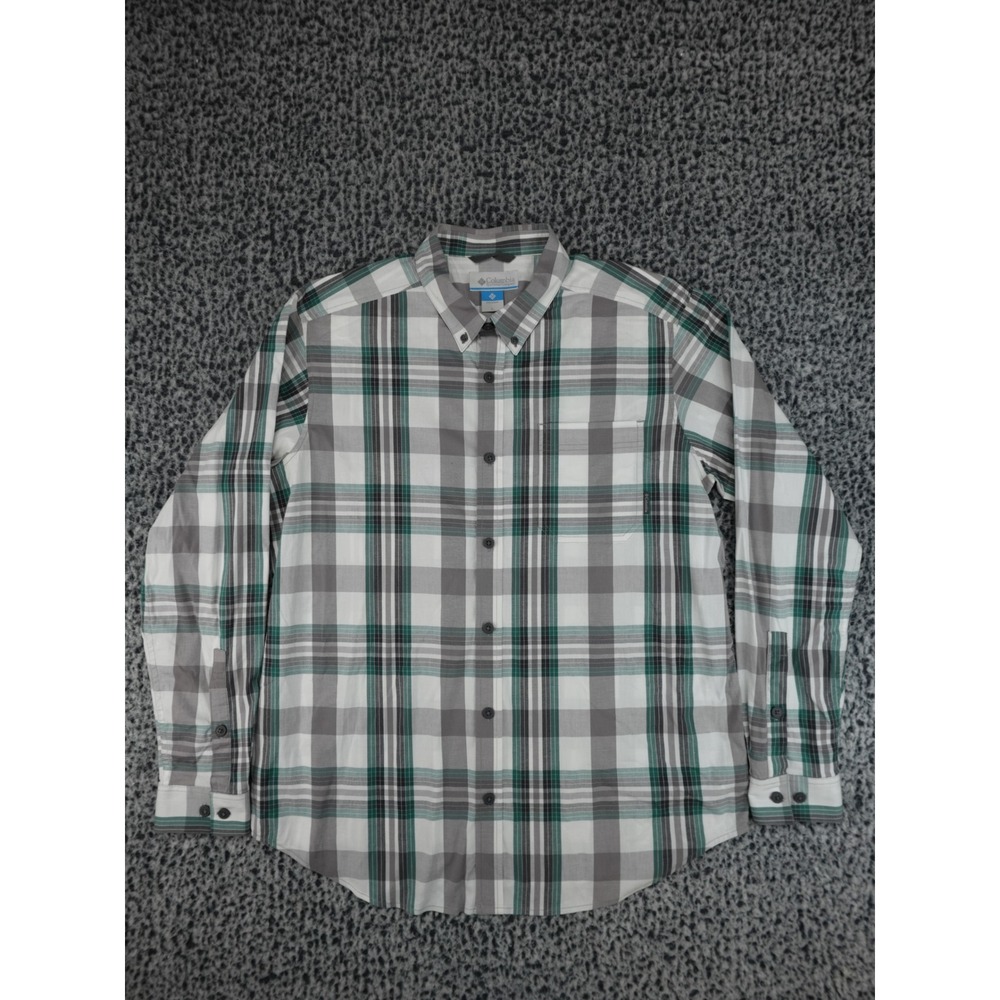 Columbia Plaid Button Down Shirt Mens Large Green Gray Long Sleeve Outdoor